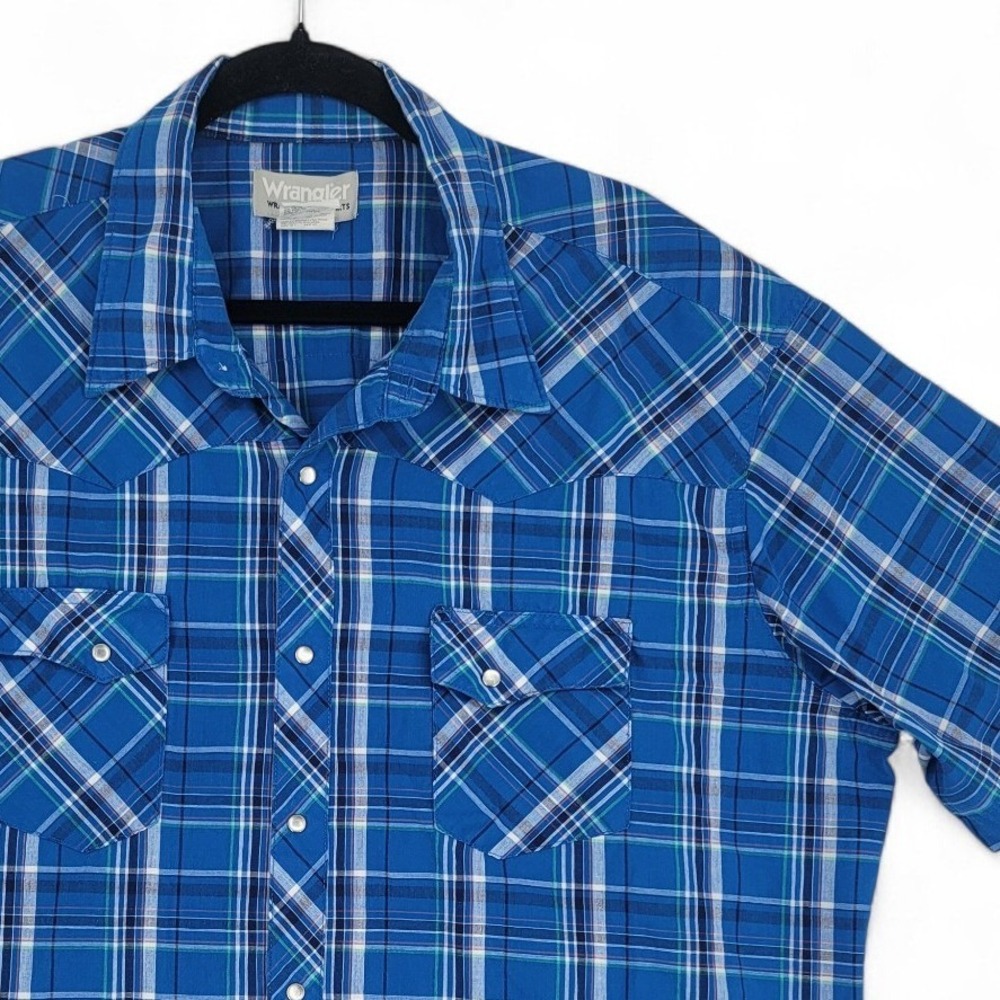 Wrangler Rancher‎ Mens XXL Blue Plaid Pearl Snap Western Cowboy Shirt Short